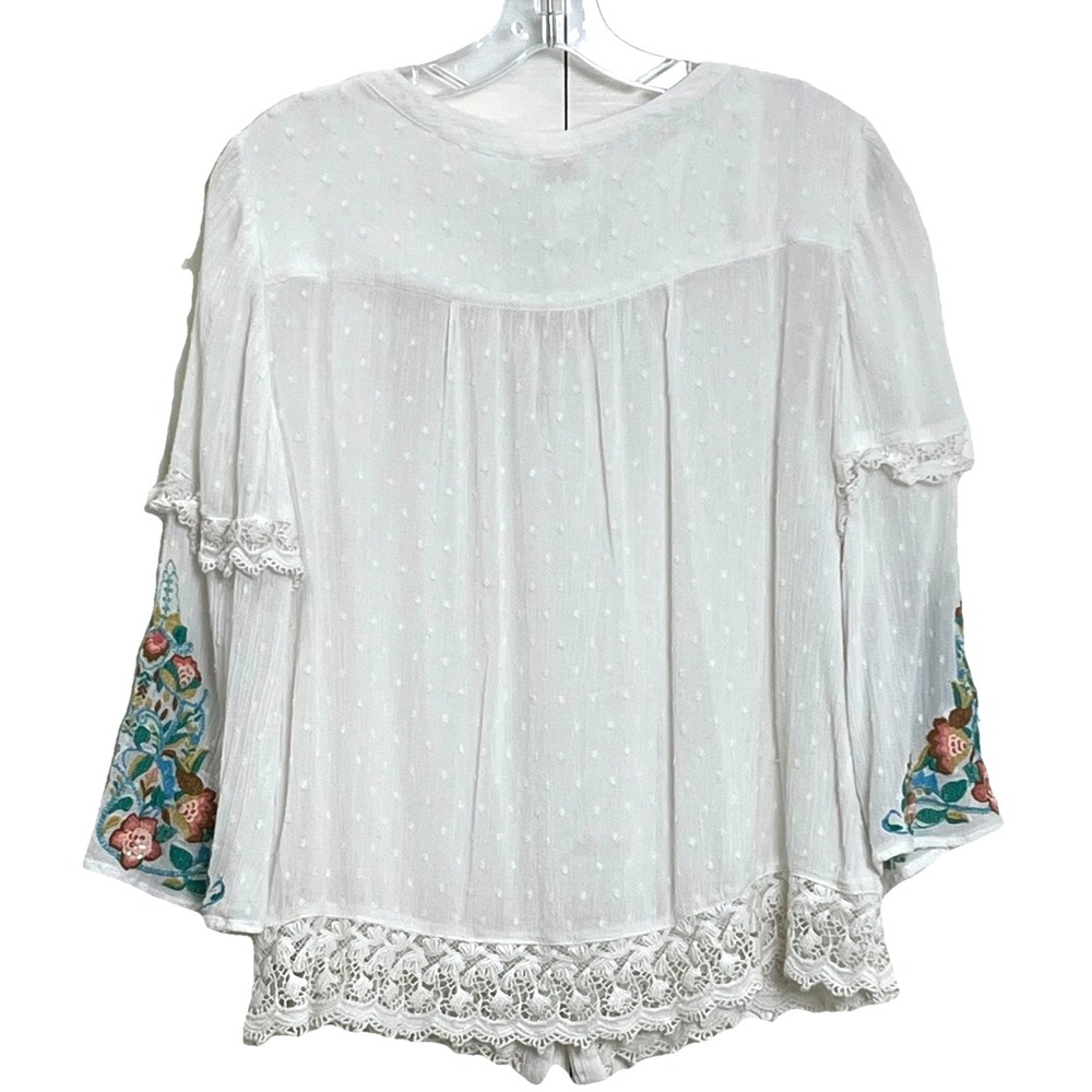 Chico's Women's Lace Trim Blouse 1P/US 8P Ivory Swiss Dot‎ Embroidered Boho-Chic - Picture 2 of 13